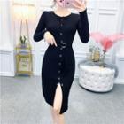 Long-sleeve Split Front Sheath Knit Dress