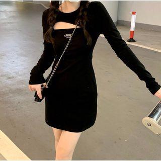 Plain Cut-out Bodycon Long-sleeve Dress Black - One Size