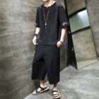 Set: Elbow-sleeve Sea Embroidered Shirt + Harem Pants