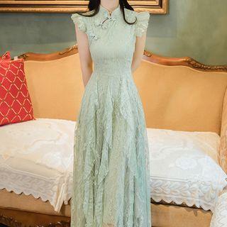 Cap-sleeve Ruffled Lace Midi A-line Qipao Dress