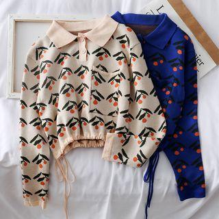 Cherry-print Drawstring Polo Sweater
