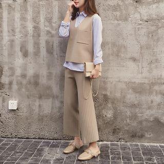 Set: Pinstriped Blouse + Wide Leg Pants + Vest