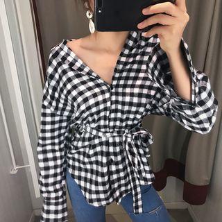 Gingham Long-sleeve Shirt With Sash