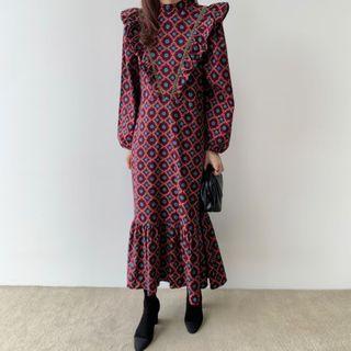Puff-sleeve Patterned Ruffled Midi A-line Dress