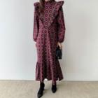 Puff-sleeve Patterned Ruffled Midi A-line Dress