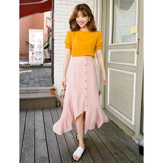 Button-front Linen Blend A-line Skirt