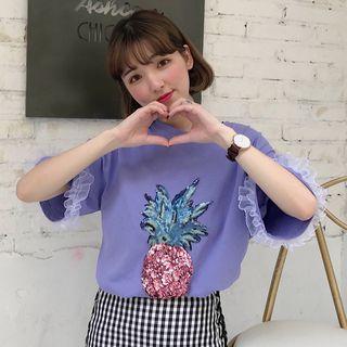 Elbow-sleeve Sequined Pineapple T-shirt