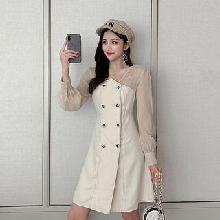 Mock Two-piece Double-breasted Long-sleeve A-line Dress