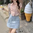 Plain Short-sleeve Shirt / High-waist Pocket-detail Mini Skirt