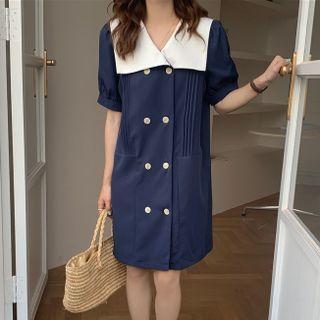 Puff-sleeve Double-breasted A-line Dress Dark Blue - One Size