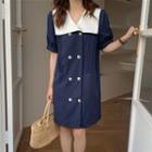 Puff-sleeve Double-breasted A-line Dress Dark Blue - One Size