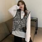 Loose-fit Zebra Print Knit Vest / Long-sleeve Plain T-shirt