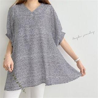 Puff-sleeve Tie-waist Stripe Top