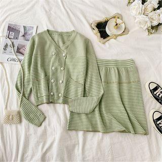 Set: Long-sleeve Striped Double Breasted Knit Top + Mini Skirt