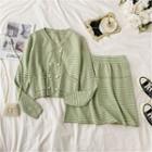 Set: Long-sleeve Striped Double Breasted Knit Top + Mini Skirt
