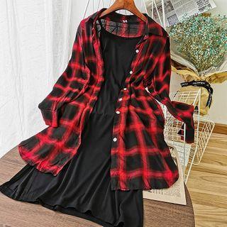 Set: Plaid Long-sleeve Blouse + Plain Sleeveless Dress Black - One Size