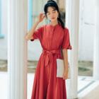Tie-waist Elbow-sleeve Midi A-line Dress