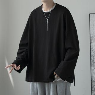 Long Sleeve Slit Plain T-shirt