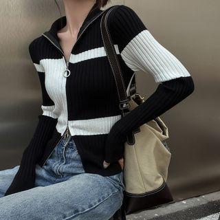 Striped Ribbed Zip-up Cardigan