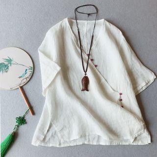 Elbow-sleeve Frog-button Linen Blouse