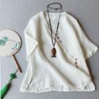 Elbow-sleeve Frog-button Linen Blouse