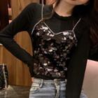 Mock Two-piece Long-sleeve Sequin Panel T-shirt