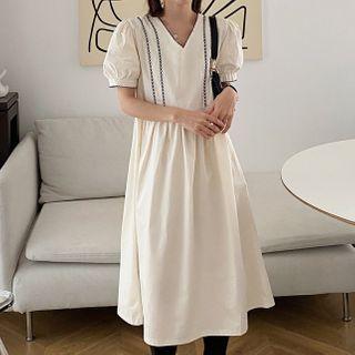 Puff-sleeve Plain Wide Dress