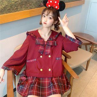 Bow Accent Flared-sleeve Blazer / Plaid Mini A-line Skirt