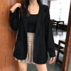 Plain Single-button Blazer / Spaghetti Strap Midi Shift Dress / Plaid Mini Pleated Skirt