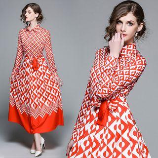 Patterned Long-sleeve Maxi A-line Dress