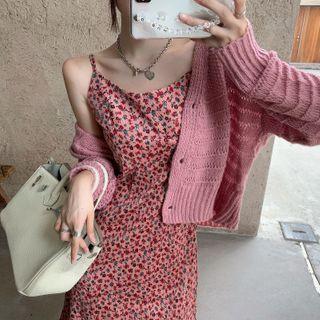 Cropped Cardigan / Floral Print Spaghetti-strap Midi A-line Dress