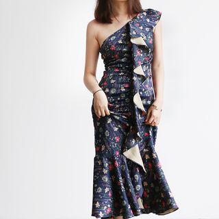 One Shoulder Floral Print Ruffled Mermaid Dress