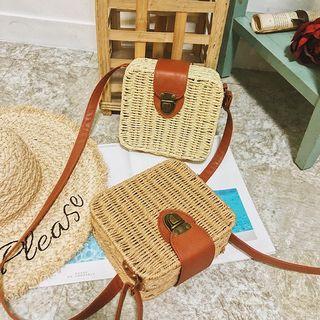 Faux Leather Paneled Woven Crossbody Bag