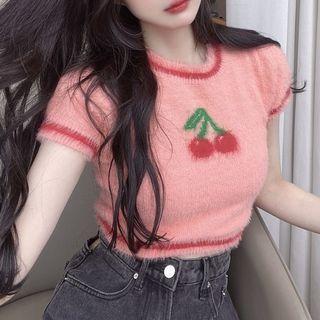 Short-sleeve Cherry Print Knit Crop Top Cherry Print - Pink - One Size
