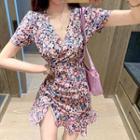 Floral Short-sleeve Shirred Slit Mini A-line Dress