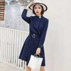 Belted Long-sleeve A-line Dress