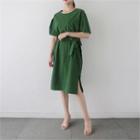 Pleats-sleeve Linen Blend Midi Dress