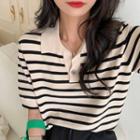 Elbow-sleeve Polo-neck Striped Knit Top Stripes - Black & White - One Size