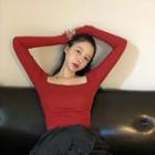 Square-neck Long-sleeve Ribbed T-shirt