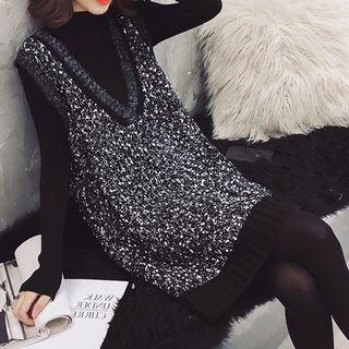Set: Long-sleeve Knit Top + Melange Long Knit Vest