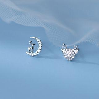 Deer Rhinestone Asymmetrical Sterling Silver Earring