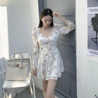 Long-sleeve Floral Print Ruched Mini A-line Dress