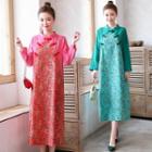 Traditional Chinese Long-sleeve Floral Print Midi Dress