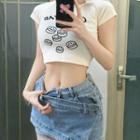 Smiley Face Print Cropped T-shirt / Denim Mini Pencil Skort