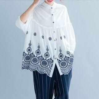 Embroidered Cropped Sleeve Shirt