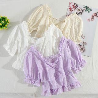 Short-sleeve Shirred Eyelet Lace Blouse