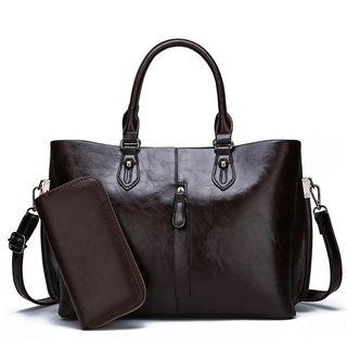 Set Of 2: Faux Leather Handbag + Wristlet