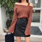 Striped Loose-fit Off-shoulder T-shirt