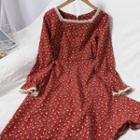 Long-sleeve Lace Trim Floral Print Midi A-line Dress