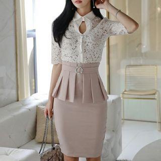 Set: Short-sleeve Lace Shirt + Pleated Skirt
